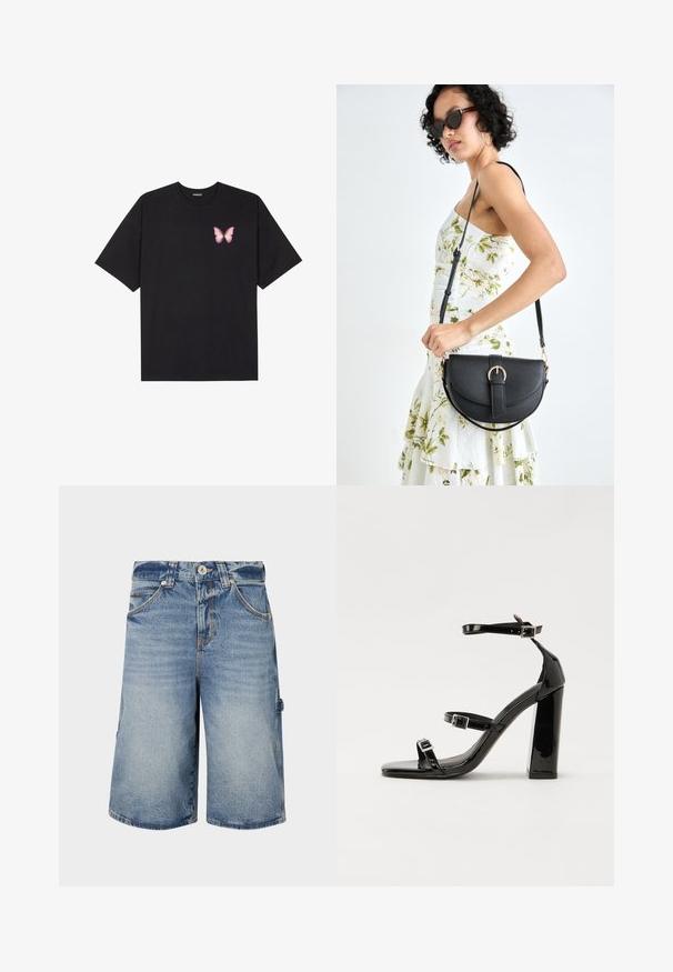 T-shirt de algodão preto com mangas curtas, apresentando um pequeno gráfico de borboleta rosa no lado esquerdo do peito. Design de gola redonda com um corte solto.; Calções de ganga em azul claro com um ajuste descontraído. As características incluem um fecho de botão, passadores para cinto e múltiplos bolsos com costura visível.; Sandálias pretas de verniz com salto alto, duas fivelas, biqueira quadrada e salto largo, apresentando uma textura lisa e brilhante.; Bolsa de couro preta com forma curva, alça destacável e detalhes em dourado. A bolsa possui uma aba com detalhe de fivela.