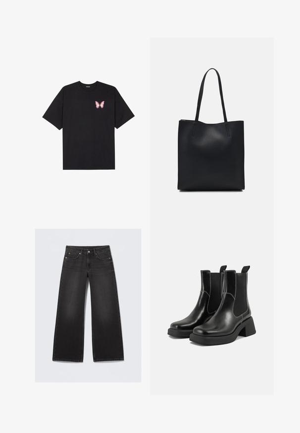 Melna kokvilnas T-krekls ar īsām piedurknēm, kuram priekšā kreisajā pusē ir neliels rozā tauriņa grafiskais attēls. Ar apaļu kaklu un brīvā stila piegriezumu.; Melna mazgāja plaša kāju džinsi ar piecām kabatām un pogu aizdari, novietoti plakaniski uz gaiša fona.; Melni ādas Čelsijas zābaki ar masīvu papēdi, elastīgām sānu panelēm un kontrastējošu balto šuvumu. Teksturēts apdare.; Melnas ādas somiņa ar gludu tekstūru, taisnstūra formu un divām garām rokturiem. Nav redzamu aparatūras vai rotājumu.