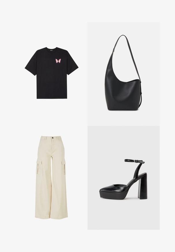Zwarte katoenen t-shirt met korte mouwen, voorzien van een kleine roze vlinder graphic op de linkerkant van de borst. Crew neck ontwerp met een relaxte fit.; Beige broek met wijde pijpen, gemaakt van katoen, met twee grote zijzakken, een sluiting met een knoop aan de voorkant en een nette zoom.; Zwarte plateauhakken met een puntige neus en verstelbare enkelband. Gemaakt van soepel leer, met een robuuste blokhak.; Zwarte leren hobo tas met een gladde textuur, kromme vorm en een enkele verstelbare schouderband; heeft een brede opening aan de bovenkant.