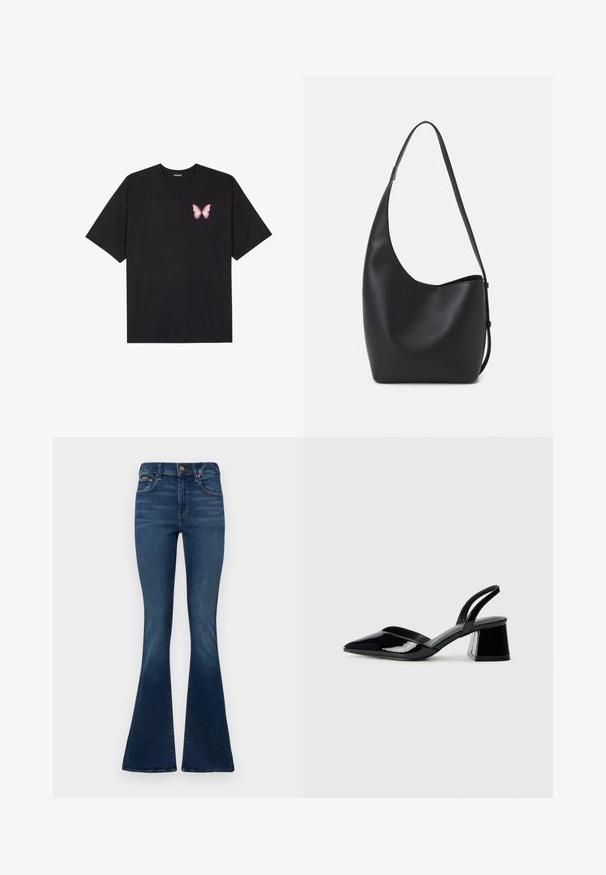 Black cotton t-shirt with short sleeves, featuring a small pink butterfly graphic on the left chest. Crew neck design with a relaxed fit.; G-STAR 3301 FLARE - Bootcut jeans - faded zonal wind; Black patent leather slingback heels with a pointed toe and a geometric block heel. Features a sleek, minimal design and smooth texture.; Black leather hobo bag with a smooth texture, curved shape, and single adjustable strap; features a wide opening at the top.