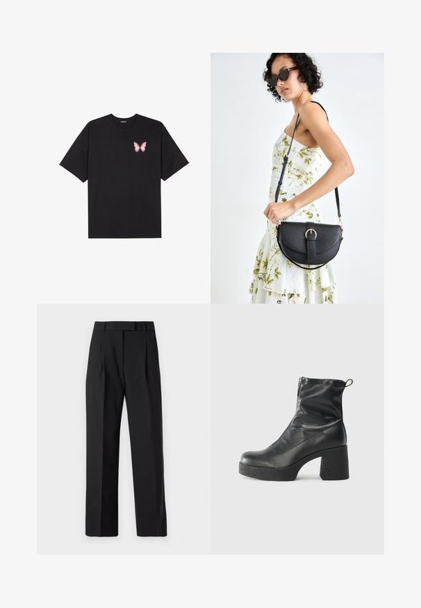 Tricou negru din bumbac cu mâneci scurte, având pe partea stângă a pieptului un mic grafic cu un fluture roz. Design cu guler rotund și croială lejeră.; Pantaloni negri cu picioare largi, dintr-un material neted, având talie înaltă, plii frontale și fără elemente metalice sau modele vizibile.; Bocanci negri de glezna din piele netedă, cu fermoar lateral, toc texturat și masiv, și design cu vârf rotund.; Geantă din piele neagră, cu o formă curbată, curea detașabilă și accesorii aurii. Geanta are un capac cu un detaliu tip cataramă.