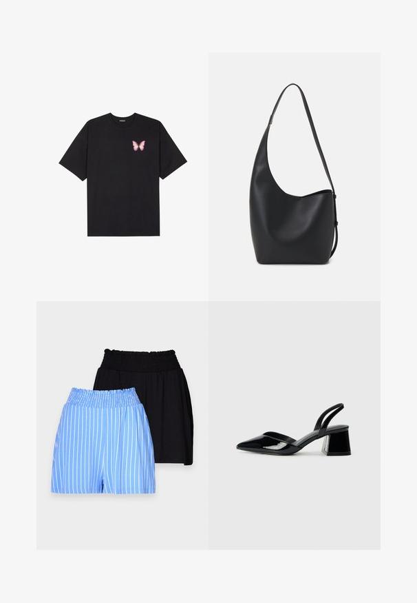 Juodas medvilnės marškinėliai trumpomis rankovėmis, su maža rožine drugelio grafika kairėje krūtinės pusėje. Apvalus kaklo iškirpimas, laisvas kirpimas.; Du mėlyni šortai su baltais vertikaliais dryžiais ir juodi šortai. Abu pagaminti iš švelnios medžiagos.; Juodos lakuotos odinės šlepetės su smailiu pirštu ir geometriniu bloko kulnu. Turi elegantišką, minimalistinį dizainą ir lygų paviršių.; Juodas odinis hobo maišas su lygiu paviršiumi, kreipta forma ir viena reguliuojama rankena; turi platų atidarymą viršuje.