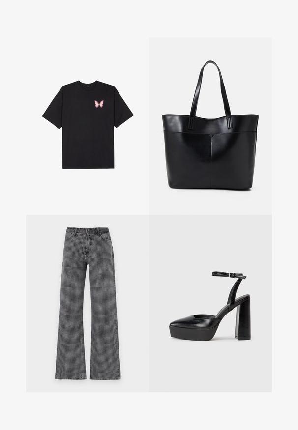 T-shirt de algodão preto com mangas curtas, apresentando um pequeno gráfico de borboleta rosa no lado esquerdo do peito. Design de gola redonda com um corte solto.; Jeans de pernas largas em denim preto com um padrão de bolinhas brancas; apresenta um design clássico de cinco bolsos e fecho de botão.; Saltos altos pretos com bico fino e atilho ajustável no tornozelo. Confeccionados em couro suave, apresentam um salto bloco robusto.; Bolsa tote preta em couro com duas alças longas, textura suave e forma estruturada. Apresenta um bolso frontal para armazenamento adicional.
