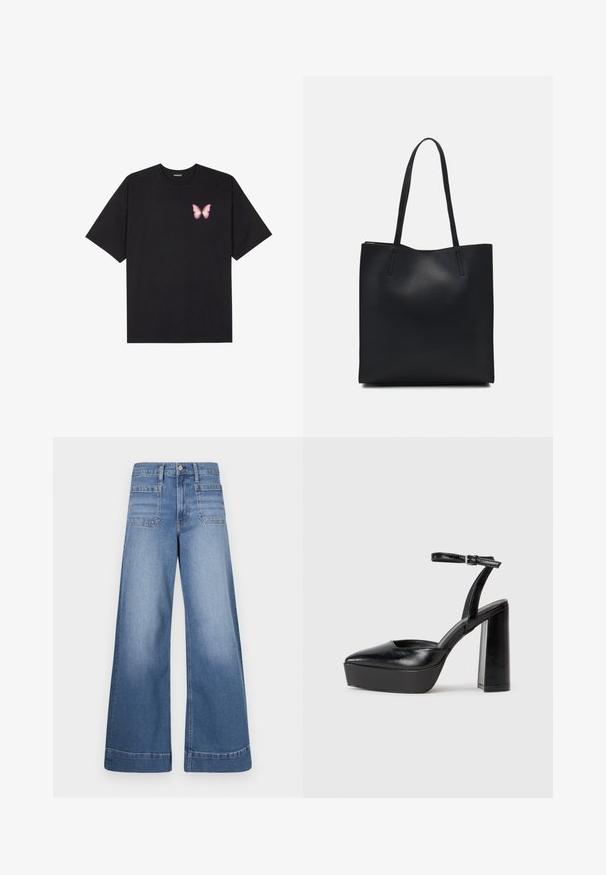 Svart bomulls T-skjorte med korte ermer, med en liten rosa sommerfugl grafikk på venstre bryst. Crew-neck design med en avslappet passform.; Bredde blå denimjeans med høy midje, to frontlommer og to baklommer, med en ren finish og subtil falming.; Sorte plattformhelter med spiss tå og justerbar ankelrem. Laget av glatt lær, med en robust blokkhel.; Svart lær tote bag med glatt tekstur, rektangulær form og to lange håndtak. Ingen synlige deler eller dekorasjoner.