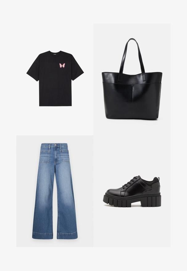 Svart bomulls T-skjorte med korte ermer, med en liten rosa sommerfugl grafikk på venstre bryst. Crew-neck design med en avslappet passform.; Bredde blå denimjeans med høy midje, to frontlommer og to baklommer, med en ren finish og subtil falming.; Svarte lærplattformsko med kraftig blokkhell, rund tå og tradisjonell snøring. Har en jevn tekstur og minimal detaljering.; Svart lær toteveske med to lange håndtak, en glatt tekstur og en strukturert form. Har en frontlomme for ekstra oppbevaring.