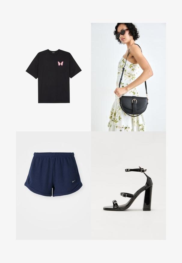 T-shirt de algodão preto com mangas curtas, apresentando um pequeno gráfico de borboleta rosa no lado esquerdo do peito. Design de gola redonda com um corte solto.; Calções de desporto azul-marinho, com riscas, e um cós elástico, apresentando um pequeno logótipo branco da Nike no lado inferior. Tecido suave ao toque.; Sandálias pretas de verniz com salto alto, duas fivelas, biqueira quadrada e salto largo, apresentando uma textura lisa e brilhante.; Bolsa de couro preta com forma curva, alça destacável e detalhes em dourado. A bolsa possui uma aba com detalhe de fivela.