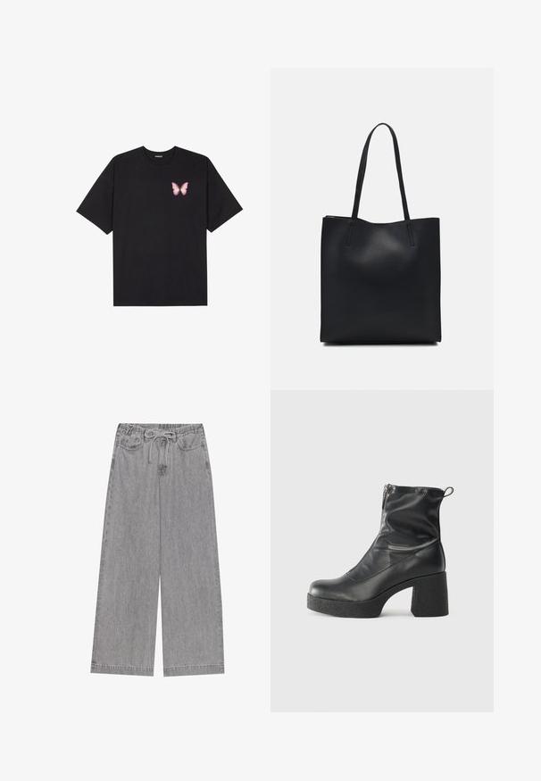 T-shirt de algodão preto com mangas curtas, apresentando um pequeno gráfico de borboleta rosa no lado esquerdo do peito. Design de gola redonda com um corte solto.; Calças de perna larga cinza, feitas de ganga, com um cós elástico com cordão, dois bolsos frontais e um design de perna reta.; Botas de tornozelo pretas feitas de couro liso, com fecho lateral, salto grosso texturizado e design de bico arredondado.; Bolsa tote preta em couro com textura lisa, forma retangular e duas alças longas. Sem hardware ou enfeites visíveis.