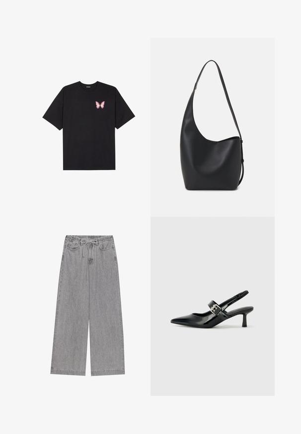 T-shirt de algodão preto com mangas curtas, apresentando um pequeno gráfico de borboleta rosa no lado esquerdo do peito. Design de gola redonda com um corte solto.; Calças de perna larga cinza, feitas de ganga, com um cós elástico com cordão, dois bolsos frontais e um design de perna reta.; Saltos slingback em verniz preto com bico pontiagudo e um pequeno salto bloco, apresentando um detalhe de fivela prateada na tira.; Saco hobo preto em pele com uma textura lisa, forma curva e uma única alça ajustável; apresenta uma abertura larga na parte de cima.