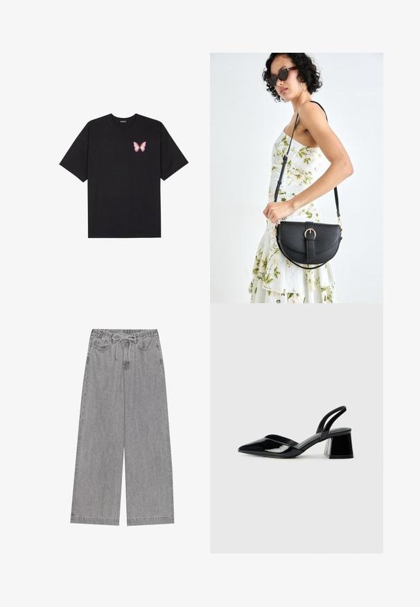 Tricou negru din bumbac cu mâneci scurte, având pe partea stângă a pieptului un mic grafic cu un fluture roz. Design cu guler rotund și croială lejeră.; Pantaloni largi gri din denim, având un talie elastică cu șnur, două buzunare frontale și un design cu picior drept.; Pantofi cu toc slingback din piele lacuită neagră, cu vârf ascuțit și toc geometric. Prezintă un design elegant, minimalist și o textură netedă.; Geantă din piele neagră, cu o formă curbată, curea detașabilă și accesorii aurii. Geanta are un capac cu un detaliu tip cataramă.