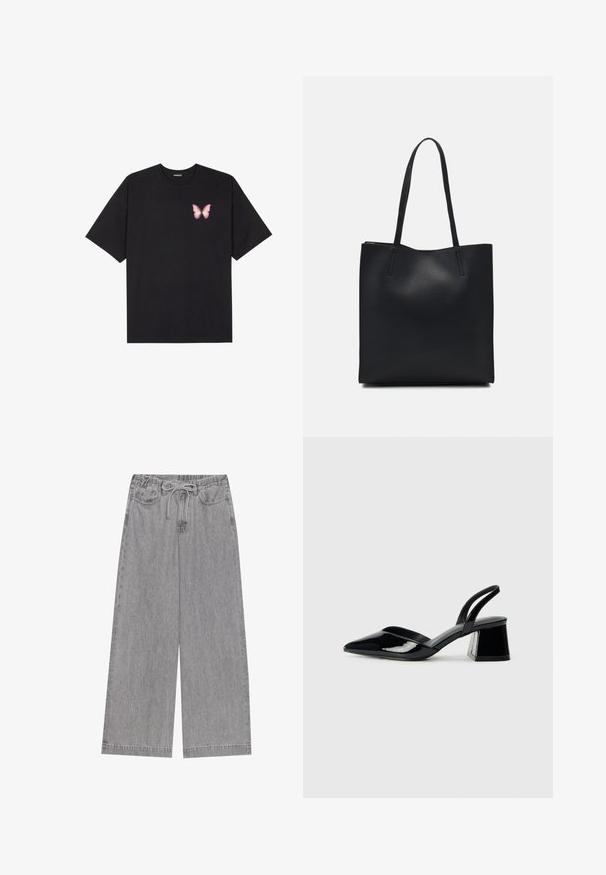 Melna kokvilnas T-krekls ar īsām piedurknēm, kuram priekšā kreisajā pusē ir neliels rozā tauriņa grafiskais attēls. Ar apaļu kaklu un brīvā stila piegriezumu.; Pelēkie platās kājas bikses no denima, ar elastīgu jostasvietu un auklu, divām priekšējām kabatām un taisnas kājas dizainu.; Melna lakota āda ar atvērto papēdi, ar smailu purngalu un ģeometrisku blokpapēdi. Iezīmējas elegants, minimāls dizains un gluda tekstūra.; Melnas ādas somiņa ar gludu tekstūru, taisnstūra formu un divām garām rokturiem. Nav redzamu aparatūras vai rotājumu.