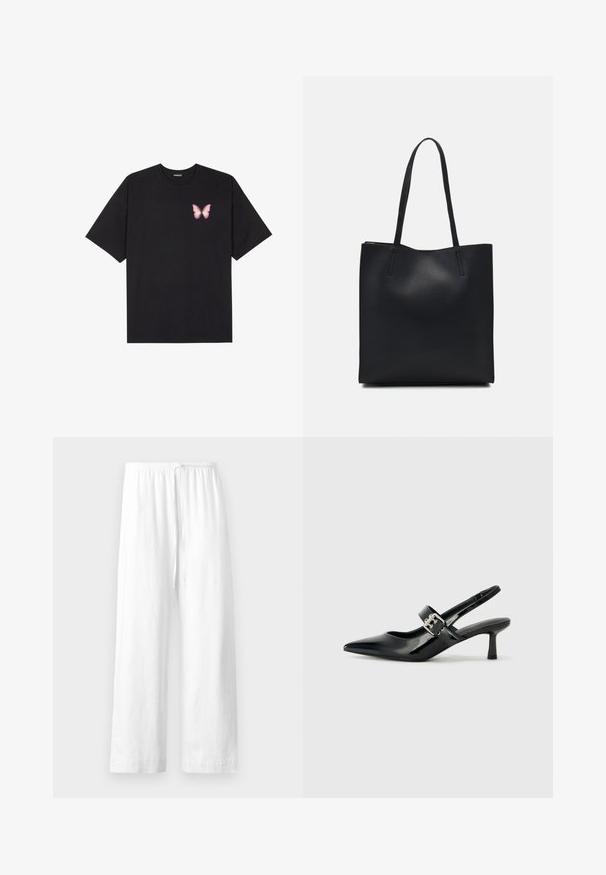 Black cotton t-shirt with short sleeves, featuring a small pink butterfly graphic on the left chest. Crew neck design with a relaxed fit.; White linen pants with a relaxed fit, featuring an elastic waistband and drawstring, and straight legs with a clean hem.; Black patent leather slingback heels with a pointed toe and a small block heel, featuring a silver buckle accent on the strap.; Black leather tote bag with smooth texture, rectangular shape, and two long handles. No visible hardware or embellishments.