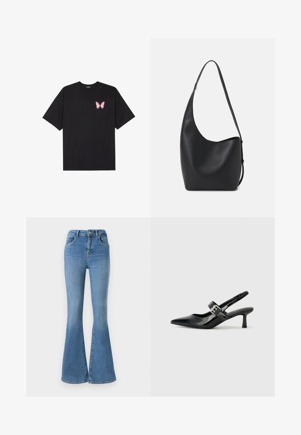 Črna bombažna majica s kratkimi rokavi, ki ima majhen roza metuljček na levi strani prsnega dela. Majica s krožnim ovratnikom in sproščenim krojem.; Razširjeni kavbojki iz modrega denima, ki imajo visok pas, zadrgo in gumb za zapiranje ter zbledel videz z nežnimi detalji whiskering.; Črne patent usnjene slingback pete s koničastim nosom in majhnim blok peto, ki vključujejo srebrno zaponko na traku.; Črna usnjena hobo torba z gladko teksturo, ukrivljeno obliko in eno nastavljivo naramnico; ima širok odprtina na vrhu.