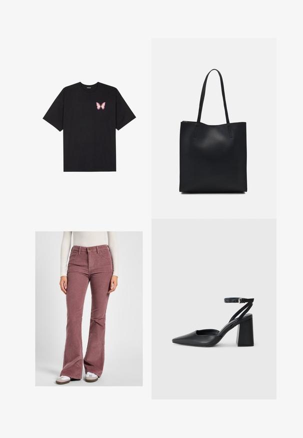 Black cotton t-shirt with short sleeves, featuring a small pink butterfly graphic on the left chest. Crew neck design with a relaxed fit.; Corduroy flared pants in a muted rose color, featuring a high waist, textured ribbing, and five-pocket design with brass hardware.; Black leather pointy-toe pump with an ankle strap and a chunky heel. Flat texture, sleek design, and minimalistic aesthetics.; Black leather tote bag with smooth texture, rectangular shape, and two long handles. No visible hardware or embellishments.