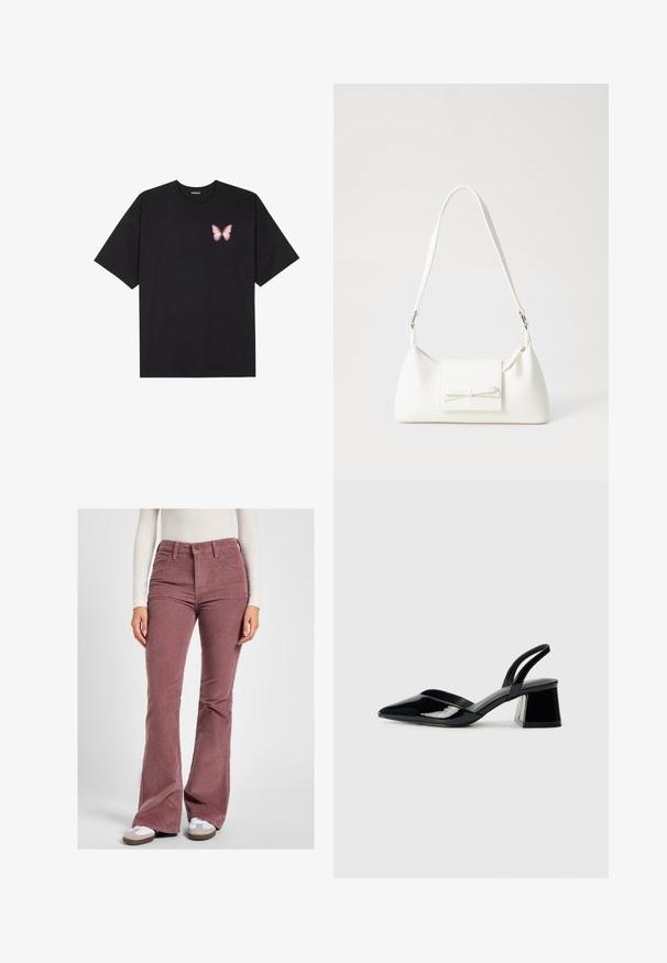 Černé bavlněné tričko s krátkým rukávem, na levém prsou s malou grafikou růžové motýlky. Design s kruhovým výstřihem a volným střihem.; Sametové rozšířené kalhoty v tlumené růžové barvě, s vysokým pasem, texturovaným žebrováním a designem s pěti kapsami a mosaznými detaily.; Černé lakované kožené lodičky na pásku s špičatou špičkou a geometrickým blokovým podpatkem. Vyznačují se elegantním, minimalistickým designem a hladkým povrchem.; Bílá syntetická kabelka v trojúhelníkovém tvaru, s plochým předním klopným víkem a detailem mašle, nastavitelným popruhem, hladkým povrchem a minimalistickým designem.
