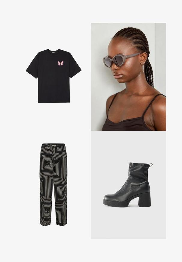 Black cotton t-shirt with short sleeves, featuring a small pink butterfly graphic on the left chest. Crew neck design with a relaxed fit.; Black trousers featuring a geometric pattern of white lines and squares, designed with a drawstring waist and wide-leg cut.; Black ankle boots made of smooth leather, featuring a side zipper, chunky textured heel, and rounded toe design.; Gray oversized sunglasses with a rounded shape and dark lenses. Sleek plastic frame with a smooth finish. Model has braided hair.