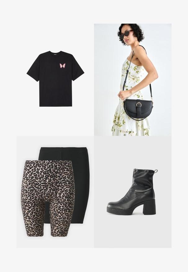 Černé bavlněné tričko s krátkým rukávem, na levém prsou s malou grafikou růžové motýlky. Design s kruhovým výstřihem a volným střihem.; Dva páry šortek: jedny černé, jedny leopardí s béžovým a černým vzorem. Oba jsou z lehkého, pružného materiálu s elastickým pasem.; Černé kotníkové boty vyrobené z hladké kůže, s bočním zipem, robustním strukturovaným podpatkem a kulatou špičkou.; Černá kožená kabelka s křivkovým tvarem, odnímatelným popruhem a zlatými detaily. Kabelka má klopu s přezkou.