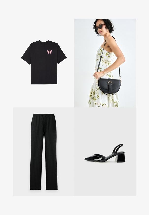 Must muströöpidega must puuvillane T-särk, vasakul rinnal on väike roosa liblikas. Ümar kaelus ja vabalt istuv lõige.; Mustad, tekstureeritud, laiad püksid elastse vöökoha ja reguleeritava nööriga; loodud mugavuseks ja vabaks istumiseks.; Mustad musta lakknahk kingad, millel on terav varvas ja geomeetriline plokkkonts. Omab elegantselt minimalistlikku disaini ja sujuvat tekstuuri.; Mustmust mustraha kõverate joontega, eemaldatava rihmaga ja kuldsete detailidega. Kotil on klapp, millel on pandladetail.