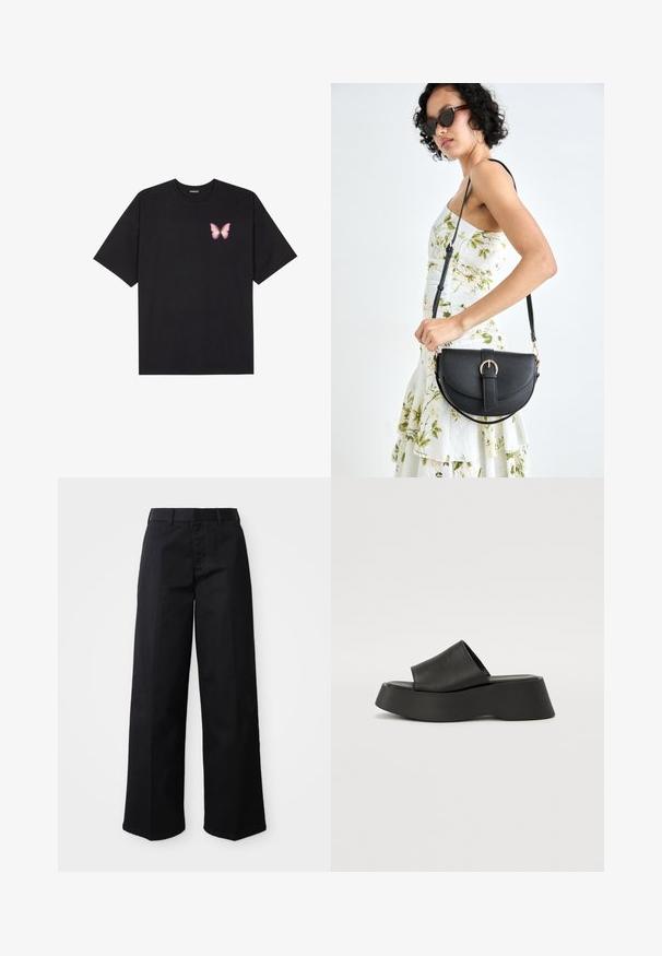 Schwarzes Baumwoll-T-Shirt mit kurzen Ärmeln, das ein kleines pinkes Schmetterlingsmotiv auf der linken Brust zeigt. Crewneck-Design mit einem entspannten Schnitt.; Schwarze, weit geschnittene Hose aus weichem Baumwollstoff. Verfügt über einen klassischen Bund, seitliche Taschen und einen geraden Schnitt bis zum Saum.; Schwarze Plateausandalen mit einem breiten Riemen und einer klobigen Sohle. Aus glattem Material mit mattem Finish und ohne sichtbare Hardware gefertigt.; Schwarze Lederhandtasche mit geschwungener Form, abnehmbarem Tragegurt und goldenen Beschlägen. Die Tasche verfügt über einen Deckel mit einer Schnallen-Details.