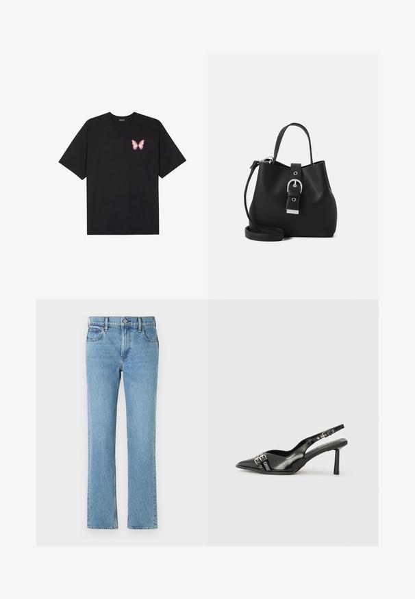 Černé bavlněné tričko s krátkým rukávem, na levém prsou s malou grafikou růžové motýlky. Design s kruhovým výstřihem a volným střihem.; Světle modré džíny z denimu se rovnými nohavicemi, pěti kapsami, zapínáním na knoflík a zip a jemným vyblednutím. Klasický, jednoduchý design.; Černá lakovaná slingback obuv s špičatou špičkou, kotníkovými pásky s kovovými sponami a příslušenstvím, a štíhlým podpatkem.; Černá kabela ve tvaru kbelíku vyrobená z hladké kůže, s pevnou strukturou, krátkým držadlem a odnímatelným ramenním popruhem. Stříbrný detail s přezkou.