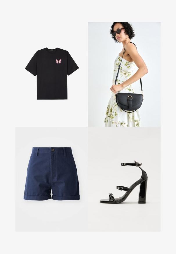 Čierne bavlnené tričko s krátkymi rukávmi, s malým ružovým motýlikom na ľavej hrudi. Design s okrúhlym výstrihom a uvoľneným strihom.; Námornícke modré bavlnené šortky s gombíkovým zapínaním vpredu, prehnutým lemom a bočnými vreckami; majú hladkú textúru a prispôsobený dizajn.; Čierne lakované sandále na podpätku so štvorcovou špičkou, navlečenými remienkami okolo členku a striebornými prackami. Disponujú masívnym blokovým podpätkom pre stabilitu.; Čierna kožená kabelka s zaobleným tvarom, odnímateľným popruhom a zlatými doplnkami. Kabelka má klopu s detailom s prackou.