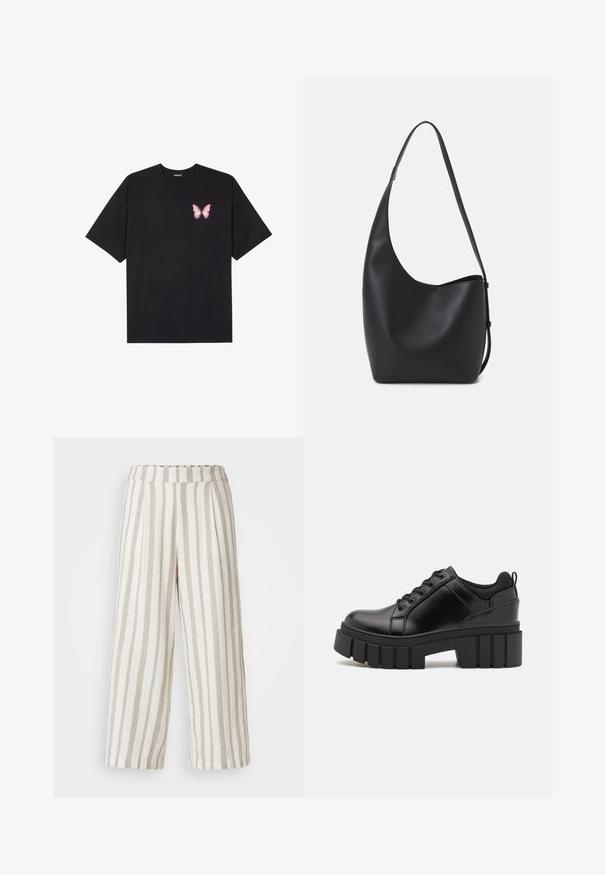 Black cotton t-shirt with short sleeves, featuring a small pink butterfly graphic on the left chest. Crew neck design with a relaxed fit.; Wide-leg trousers in light beige and cream stripes. Made from a textured fabric, featuring an elastic waistband and pleated design.; Black leather platform shoes with a chunky block heel, round toe, and traditional lace-up design. Features smooth texture and minimal detailing.; Black leather hobo bag with a smooth texture, curved shape, and single adjustable strap; features a wide opening at the top.