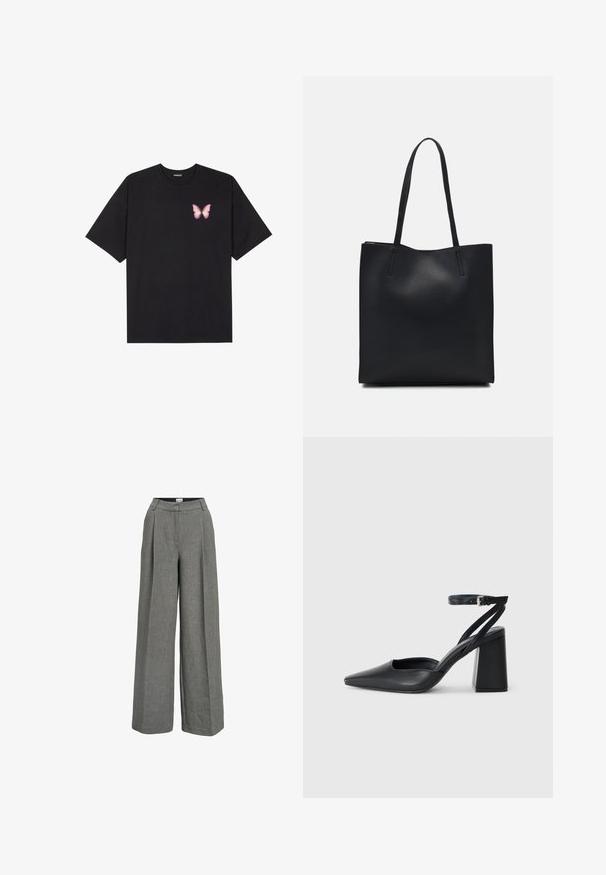 Melna kokvilnas T-krekls ar īsām piedurknēm, kuram priekšā kreisajā pusē ir neliels rozā tauriņa grafiskais attēls. Ar apaļu kaklu un brīvā stila piegriezumu.; Pelēki plata svārku bikses, kas izgatavotas no viegla auduma. Iekļauj plecu priekšpusi, augstu jostasvietu un gludu tekstūru.; Melna ādas augstpapēžu kurpe ar norakstīto purngala formu, potītes siksniņu un masīlu papēdi. Gluda tekstūra, elegants dizains un minimālisma estētika.; Melnas ādas somiņa ar gludu tekstūru, taisnstūra formu un divām garām rokturiem. Nav redzamu aparatūras vai rotājumu.
