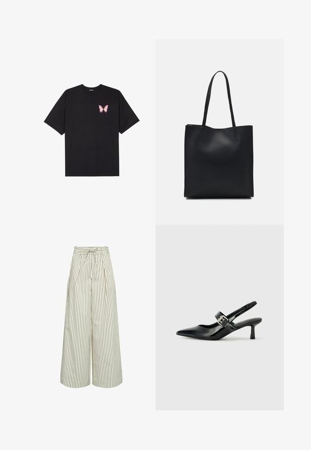 Black cotton t-shirt with short sleeves, featuring a small pink butterfly graphic on the left chest. Crew neck design with a relaxed fit.; Wide-leg trousers in cream with thin brown vertical stripes. Features pleats and a tie belt at the waist. Made from a smooth fabric.; Black patent leather slingback heels with a pointed toe and a small block heel, featuring a silver buckle accent on the strap.; Black leather tote bag with smooth texture, rectangular shape, and two long handles. No visible hardware or embellishments.