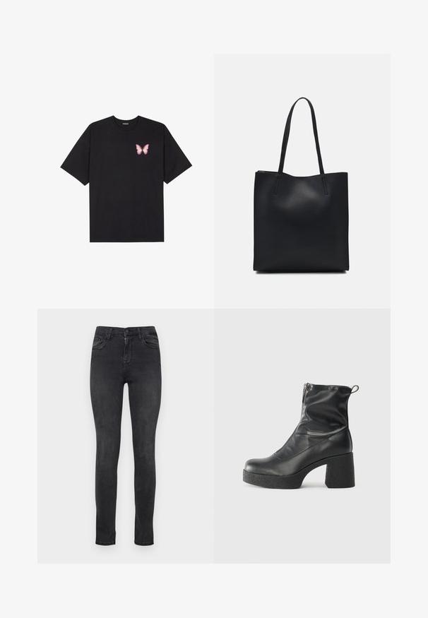 Melna kokvilnas T-krekls ar īsām piedurknēm, kuram priekšā kreisajā pusē ir neliels rozā tauriņa grafiskais attēls. Ar apaļu kaklu un brīvā stila piegriezumu.; Melnas šauras džinsus ar gludu tekstūru, piecām kabatām, pogu un rāvējslēdzēja aizdari, kā arī ar nelielu izbalējumu, lai nodrošinātu mūsdienīgu izskatu.; Melni potītes zābaki, kas izgatavoti no gludas ādas, ar sānu rāvējslēdzēju, masīvu strukturētu papēdi un noapaļotu purngalu.; Melnas ādas somiņa ar gludu tekstūru, taisnstūra formu un divām garām rokturiem. Nav redzamu aparatūras vai rotājumu.