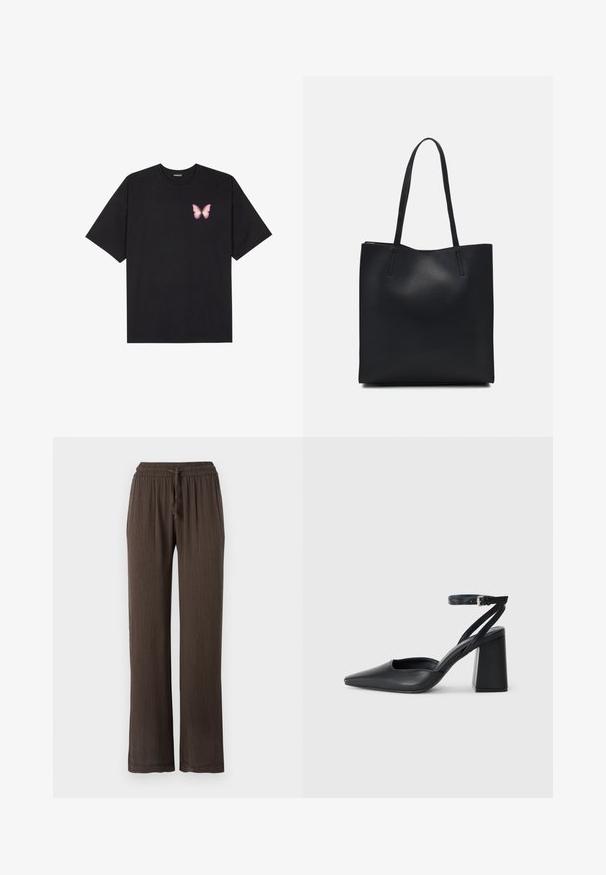 Tricou negru din bumbac cu mâneci scurte, având pe partea stângă a pieptului un mic grafic cu un fluture roz. Design cu guler rotund și croială lejeră.; Pantaloni largi maro cu talie elastică și șnur. Material texturat cu un model de dungi verticale. Picioare drepti.; Pantofii cu toc ascuțit din piele neagră, cu breteaua pentru glezne și toc gros. Textură netedă, design elegant și estetică minimală.; Geantă tote neagră din piele, cu textură netedă, formă rectangulară și două mânere lungi. Fără hardware vizibil sau ornamente.