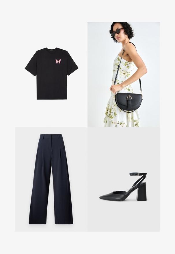 T-shirt nera in cotone con maniche corte, caratterizzata da una piccola grafica di una farfalla rosa sul lato sinistro del petto. Design a girocollo con una vestibilità rilassata.; Pantaloni a gamba larga blu navy con una texture liscia, caratterizzati da pieghe frontali e una vita classica, progettati per un fit rilassato.; Pump in pelle nera con punta affusolata, cinturino alla caviglia e tacco spesso. Texture piatta, design elegante ed estetica minimalista.; Borsa a tracolla nera in pelle con una forma curva, manico rimovibile e accessori dorati. La borsa presenta una patta con un dettaglio a fibbia.