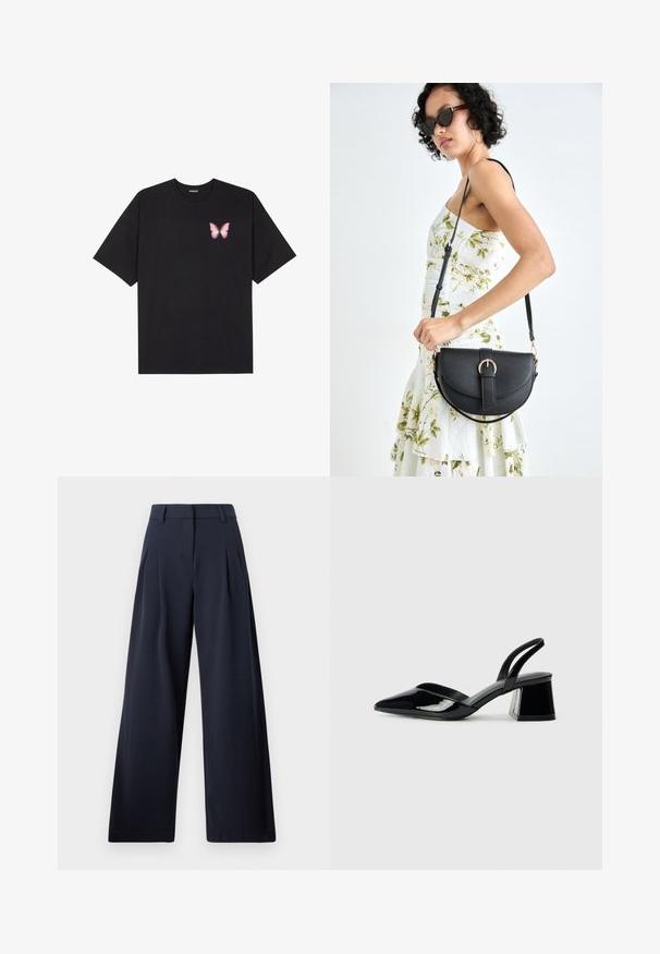 T-shirt nera in cotone con maniche corte, caratterizzata da una piccola grafica di una farfalla rosa sul lato sinistro del petto. Design a girocollo con una vestibilità rilassata.; Pantaloni a gamba larga blu navy con una texture liscia, caratterizzati da pieghe frontali e una vita classica, progettati per un fit rilassato.; Décolleté in vernice nera con punta affusolata e tacco in geometria cubica. Presentano un design elegante e minimalista, con una texture liscia.; Borsa a tracolla nera in pelle con una forma curva, manico rimovibile e accessori dorati. La borsa presenta una patta con un dettaglio a fibbia.