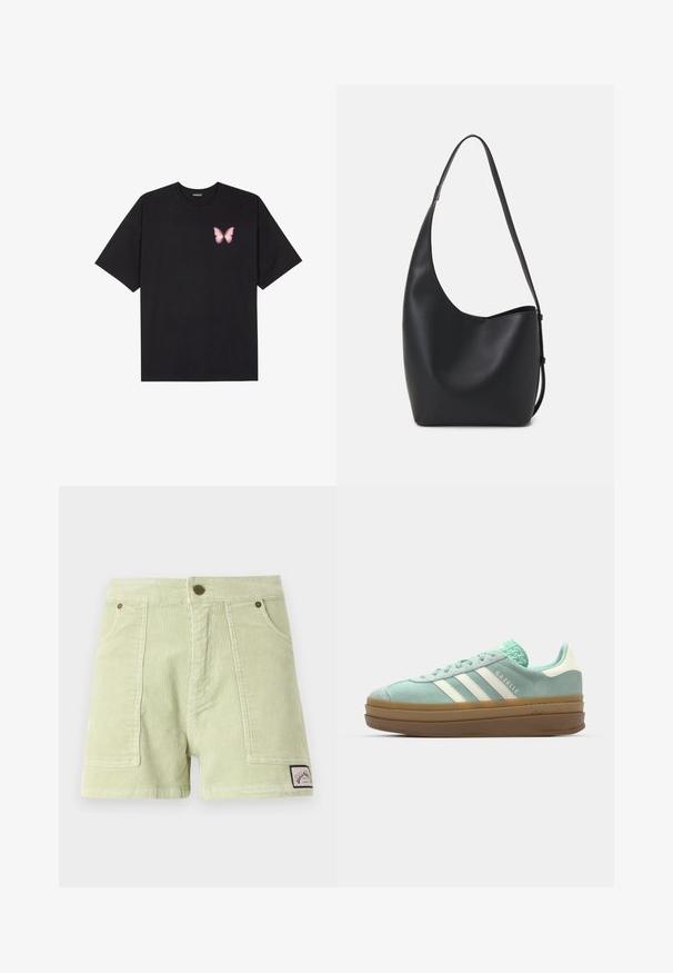 Melna kokvilnas T-krekls ar īsām piedurknēm, kuram priekšā kreisajā pusē ir neliels rozā tauriņa grafiskais attēls. Ar apaļu kaklu un brīvā stila piegriezumu.; Gaiši zaļi kordura šorti ar ribotu tekstūru, divām priekšējām kabatām, aizmugures uzlīmi un metāla pogu detaļām.; adidas Originals GAZELLE BOLD - Sporta apavi - ash green/off white; Melnas ādas hobo soma ar gludu tekstūru, izliekta forma un vienu regulējamu jostu; augšā ir plaša atvere.