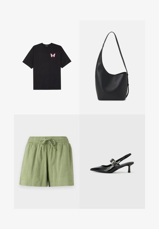 Svart bomullströja med korta ärmar, med en liten rosa fjärilsgrafik på vänster bröst. Rundad halsdesign med en avslappnad passform.; Ljusgröna bomullsshorts med elastisk midja och dragsko. Har sidofickor och en texturerad tygfinish.; Svarta patentläder slingback-klackar med spetsig tå och en liten blockklack, med en silvrig spänneaccent på remmen.; Svart läder hobo-väska med en slät textur, kurvig form och en justerbar axelrem; har en bred öppning upptill.