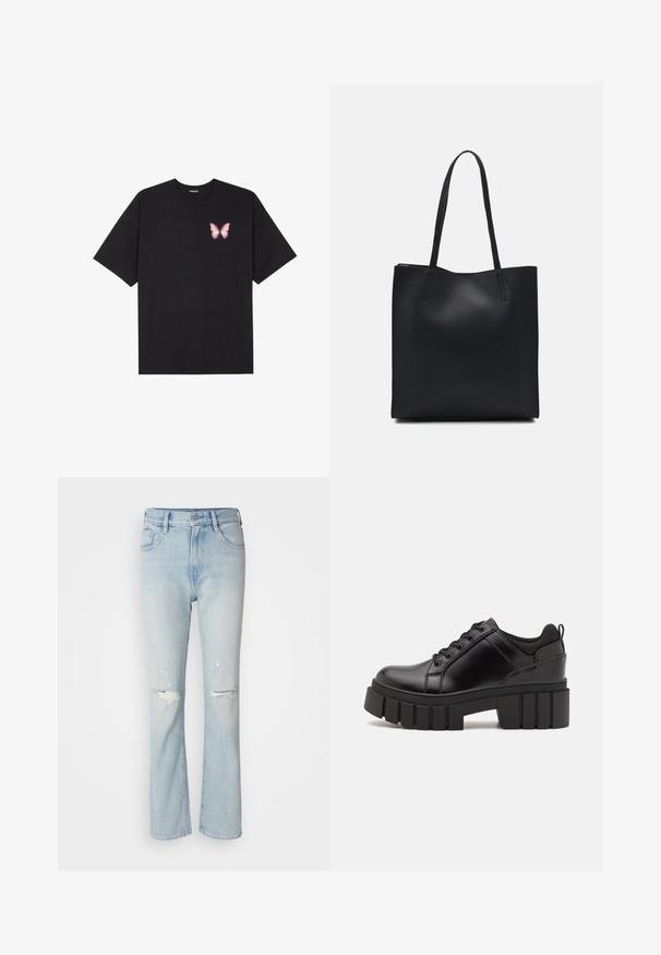 Črna bombažna majica s kratkimi rokavi, ki ima majhen roza metuljček na levi strani prsnega dela. Majica s krožnim ovratnikom in sproščenim krojem.; Svijetloplave traperice s visokim strukom, raširenim nogavicama, izlizanim detaljima i izrezanim materijalom na koljenima. Dizajn s pet džepova.; Črne usnjene platforme z debelim blokastim petam, okroglo konico in klasičnim vezanjem. Imajo gladko teksturo in minimalne podrobnosti.; Črna usnjena torba s svilnato teksturo, pravokotne oblike in dvema dolgima ročajema. Brez vidnih metalnih delov ali okrasnih elementov.