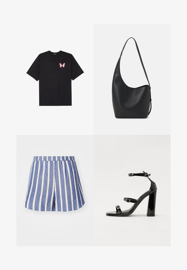 Čierne bavlnené tričko s krátkymi rukávmi, s malým ružovým motýlikom na ľavej hrudi. Design s okrúhlym výstrihom a uvoľneným strihom.; Modré a biele pruhované šortky s elastickým pásom, z ľahkého materiálu, ponúkajúce voľný strih a postranné rozparky na leme.; Čierne lakované sandále na podpätku so štvorcovou špičkou, navlečenými remienkami okolo členku a striebornými prackami. Disponujú masívnym blokovým podpätkom pre stabilitu.; Čierna kožená hobo taška so hladkou textúrou, zakriveným tvarom a jedným nastaviteľným popruhom; má široké otvorenie na vrchu.