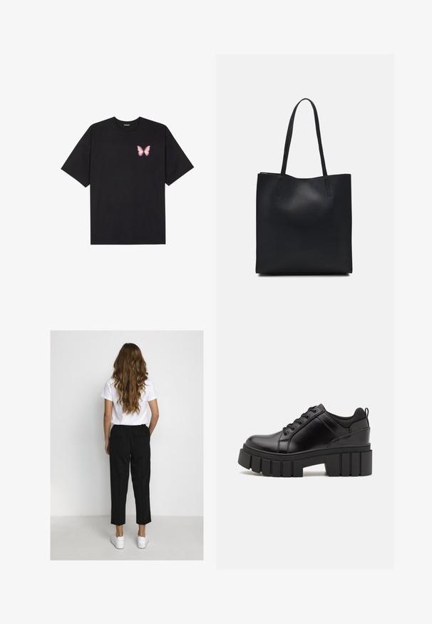 Juodas medvilnės marškinėliai trumpomis rankovėmis, su maža rožine drugelio grafika kairėje krūtinės pusėje. Apvalus kaklo iškirpimas, laisvas kirpimas.; Moteris su ilgais banguotais plaukais, apsirengusi balta marškinėliais, juodomis trumpomis kelnėmis ir baltais sportiniais bateliais, stovi prieš paprastą baltą sieną.; Juodi odiniai platformos batai su masyviu blokuota kulniuku, apvalia nosimi ir tradiciniu šnypštimo dizainu. Turintys glotnų paviršių ir minimalų dekoravimą.; Juodas odinis tote krepšys su lygia tekstūra, stačiakampio formos ir dviem ilgais rankenomis. Matomų metalinių detalių ar puošybos nėra.