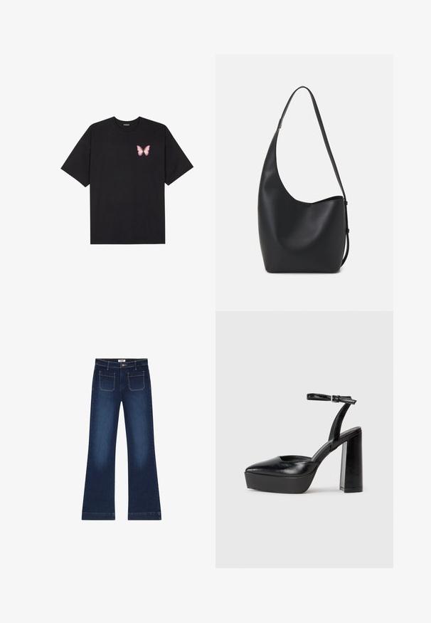 Melna kokvilnas T-krekls ar īsām piedurknēm, kuram priekšā kreisajā pusē ir neliels rozā tauriņa grafiskais attēls. Ar apaļu kaklu un brīvā stila piegriezumu.; Tumši zili flared džinsi, izgatavoti no denima. Iespējas piecas kabatas, rāvējslēdzēja aizdare un zeltaini izšuvumi uz šuvēm. Plaša kāju atvere.; Melnas platformas papēžs ar norādītu purngala formu un regulējamu potītes siksniņu. Izgatavotas no gludas ādas, ar masīvu bloku papēdi.; Melnas ādas hobo soma ar gludu tekstūru, izliekta forma un vienu regulējamu jostu; augšā ir plaša atvere.