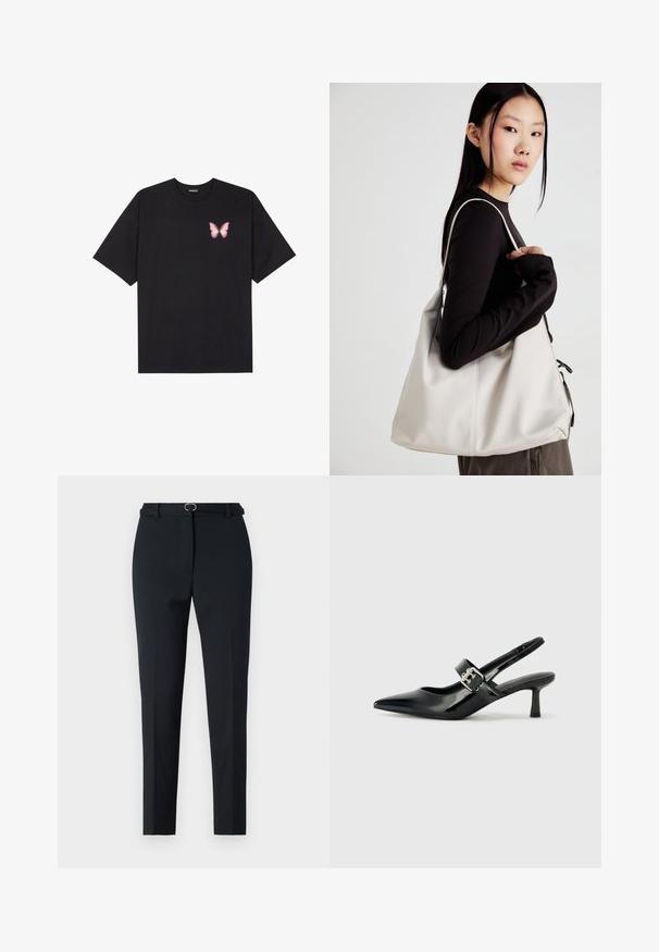 Melna kokvilnas T-krekls ar īsām piedurknēm, kuram priekšā kreisajā pusē ir neliels rozā tauriņa grafiskais attēls. Ar apaļu kaklu un brīvā stila piegriezumu.; Melni pielāgoti bikses ar šauru piegriezumu, ar plakanu priekšpusi, jostu cilpiņām un mazu sudraba sprādzi. Gluda auduma ar tīru apdari.; Melnas lakotas ādas sūkņa kurpes ar norādītu purngali un mazu bloku papēdi, ar sudraba sprādzi akcentā uz jostas.; Bežs rokassoma, izgatavota no mīksta materiāla, ar brīvu dizainu, izšūtu apdari un divām plecu siksnām. Piemērota ikdienas lietošanai.