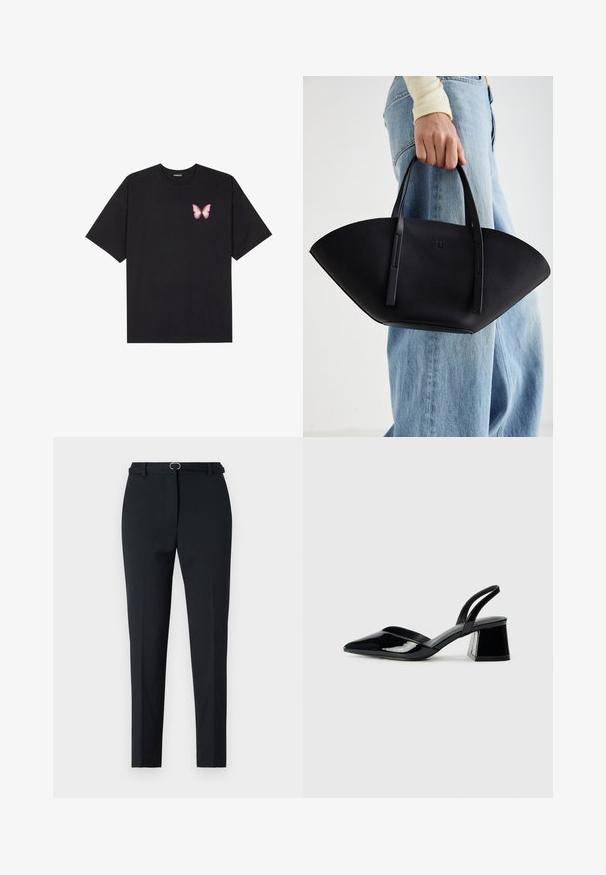 Fekete pamut póló rövid ujjakkal, bal mellkason egy kis rózsaszín pillangó grafikával. Kerek nyakú kialakítás, laza fazonnal.; Fekete, slim fit szabású, zsebek nélküli nadrág, övbújtatókkal és egy kis ezüstcsattal. Simább anyag, tiszta kidolgozással.; Fekete lakk bőr szandálkés magas sarkú cipő, hegyes orral és geometrikus tömbsarkakkal. Karcsú, minimalista dizájn és sima textúra jellemzi.; Fekete bőr kézitáska egyedi legyezőformával, lapos füllel. A felülete kőriszerű textúrájú és minimalista dizájnnal rendelkezik.