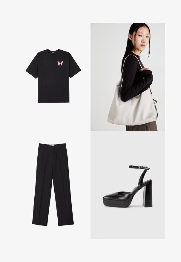T-shirt nera in cotone con maniche corte, caratterizzata da una piccola grafica di una farfalla rosa sul lato sinistro del petto. Design a girocollo con una vestibilità rilassata.; Pantaloni neri su misura con design a gamba dritta, caratterizzati da doppie pince, una texture liscia e dettagli discreti sulle cuciture frontali.; Tacchi a piattaforma neri con punta appuntita e cinturino regolabile alla caviglia. Realizzati in pelle liscia, presentano un tacco a blocco spesso.; Borsa a mano beige realizzata in materiale morbido, caratterizzata da un design morbido, dettagli cuciti e due manici. Adatta per l'uso quotidiano.