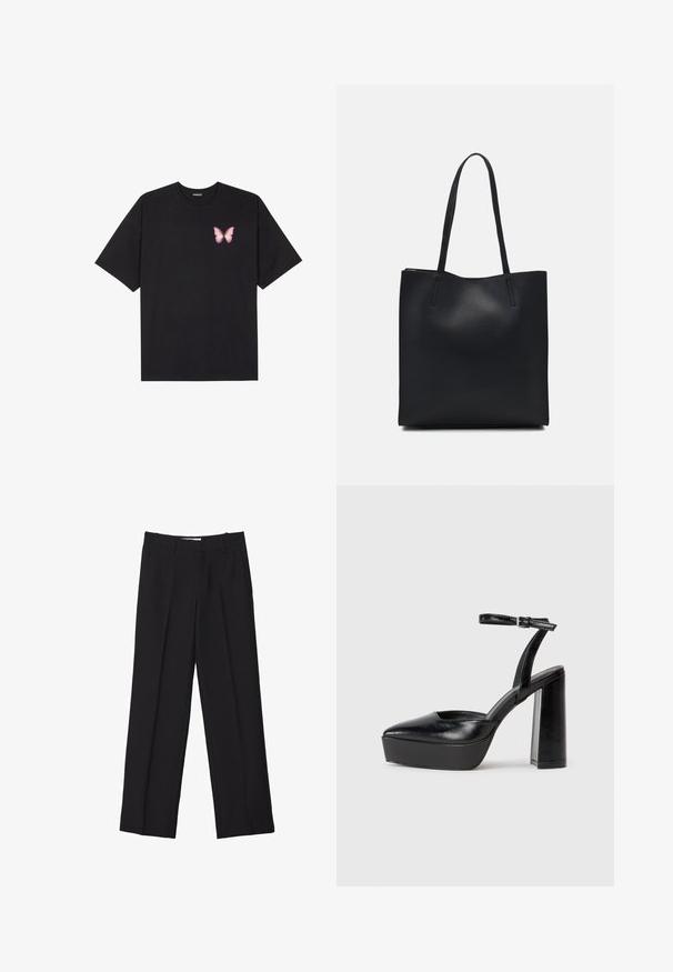 T-shirt en coton noir à manches courtes, avec un petit graphique de papillon rose sur la poitrine gauche. Modèle à col rond avec une coupe décontractée.; Pantalons noir sur mesure avec une coupe droite, présentant des plis doubles, une texture lisse et des détails de couture frontale subtils.; Escarpins noirs à plateforme avec un bout pointu et une sangle réglable à la cheville. Conçus en cuir lisse, avec un large talon bloc.; Sac fourre-tout en cuir noir avec une texture lisse, de forme rectangulaire et deux longues poignées. Pas de matériel ou d'ornementations visibles.