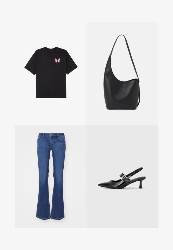 Fekete pamut póló rövid ujjakkal, bal mellkason egy kis rózsaszín pillangó grafikával. Kerek nyakú kialakítás, laza fazonnal.; Kék farmerkabát, laza szárú, normál derékú, kontrasztos varrással és öt zsebes kialakítással. Simább textúra, klasszikus szabás.; Fekete lakkbőr slingback sarkú cipők hegyes orral és kis blokk talppal, ezüst csat díszítéssel a pánton.; Fekete bőr hobo táska sima textúrával, ívelt formával és egyetlen állítható pánttal; széles nyílás található a tetején.