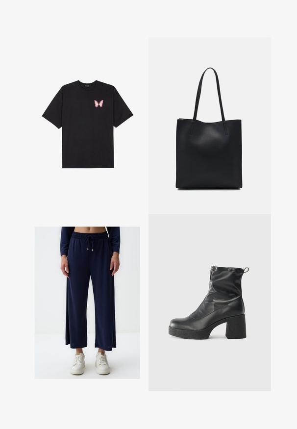 Schwarzes Baumwoll-T-Shirt mit kurzen Ärmeln, das ein kleines pinkes Schmetterlingsmotiv auf der linken Brust zeigt. Crewneck-Design mit einem entspannten Schnitt.; Marineblaue weit geschnittene Hose aus einem glatten, leichten Stoff mit einem elastischen Bund und Kordelzug. Kombiniert mit weißen Sneakers.; Schwarze Stiefeletten aus glattem Leder mit seitlichem Reißverschluss, klobigem strukturiertem Absatz und runder Zehenform.; Schwarze Laptoptasche aus Leder mit glatter Textur, rechteckiger Form und zwei langen Griffen. Keine sichtbaren Beschläge oder Verzierungen.