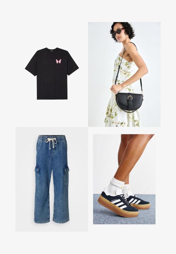 Tricou negru din bumbac cu mâneci scurte, având pe partea stângă a pieptului un mic grafic cu un fluture roz. Design cu guler rotund și croială lejeră.; Pantaloni cargo din denim albastru, cu elastic și șnur la talie, având două buzunare laterale mari și un design cu picioare largi.; Adidași negri din piele întoarsă cu dungi și accente albe, vârf rotund, talpă de cauciuc gumă, asortați cu șosete albe cu model nervurat.; Geantă din piele neagră, cu o formă curbată, curea detașabilă și accesorii aurii. Geanta are un capac cu un detaliu tip cataramă.