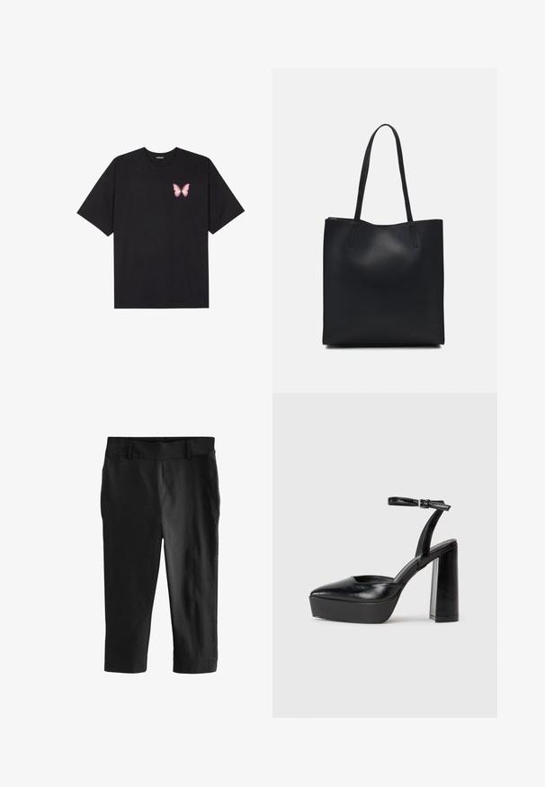 Musta puuvillapaita lyhyillä hihoilla, jossa on pieni vaaleanpunainen perhosgrafiikka vasemmassa rinnassa. Pyöreä kaula-aukko ja rento istuvuus.; Mustat lyhyet housut sileällä pinnalla. Niissä on litteä vyötärö ja ei näkyviä taskuja, suunniteltu istuvaksi.; Mustat korkeat platform-kengät, joissa on terävä kärki ja säädettävä nilkkaremmi. Valmistettu sileästä nahasta ja varustettu paksulla lohkokorkeudella.; Mustapahkainen kangaskassi, jossa on sileä pinta, suorakaiteen muotoinen ja kaksi pitkää kahvaa. Ei näkyvää metalliosaa tai koristeita.