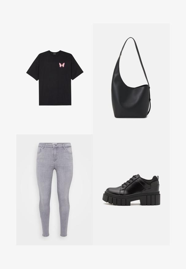 Fekete pamut póló rövid ujjakkal, bal mellkason egy kis rózsaszín pillangó grafikával. Kerek nyakú kialakítás, laza fazonnal.; Szürke skinny farmernadrág, klasszikus öt zsebes dizájnnal, cipzáras derékkal, sima textúrával és enyhe rugalmassággal.; Fekete bőr platform cipők vaskos blokk sarkakkal, kerek orral és hagyományos fűzős kialakítással. Simára csiszolt felület és minimális részletezés jellemzi.; Fekete bőr hobo táska sima textúrával, ívelt formával és egyetlen állítható pánttal; széles nyílás található a tetején.