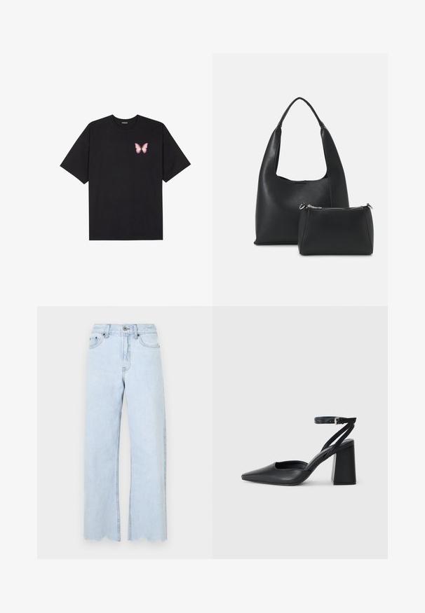 T-shirt de algodão preto com mangas curtas, apresentando um pequeno gráfico de borboleta rosa no lado esquerdo do peito. Design de gola redonda com um corte solto.; Jeans de perna larga em azul claro com bainha desfiada, feitos de denim. As características incluem fecho de botão, passantes para cinto e bolsos laterais.; Sandal com biqueira afilada em couro preto, com cinta no tornozelo e salto grosso. Textura lisa, design elegante e estética minimalista.; Even&Odd Mala de mão - black