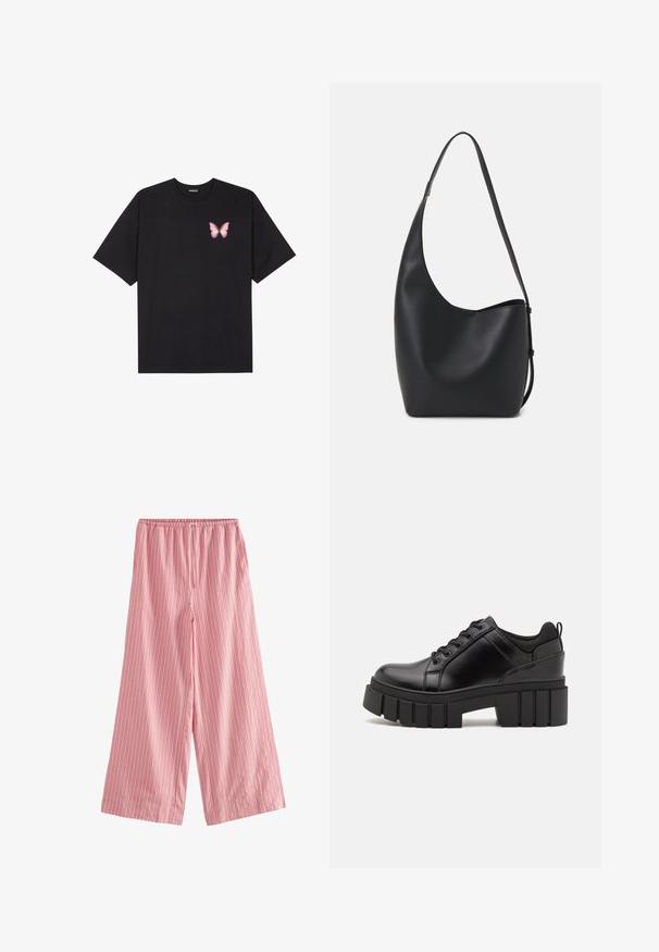 Must muströöpidega must puuvillane T-särk, vasakul rinnal on väike roosa liblikas. Ümar kaelus ja vabalt istuv lõige.; Next TEXTURED STRIPE WIDE LEG - Püksid - pink; Must musta platvormsussid paksu plokkninal, ümmarguse varbaga ja traditsioonilise nööridega kinnitamisega. Sussid on sileda tekstuuriga ja minimaalsete detailidega.; Mustast nahast hobo kott, millel on sile tekstuur, kumer kuju ja üks reguleeritav rihm; peal on lai avaus.