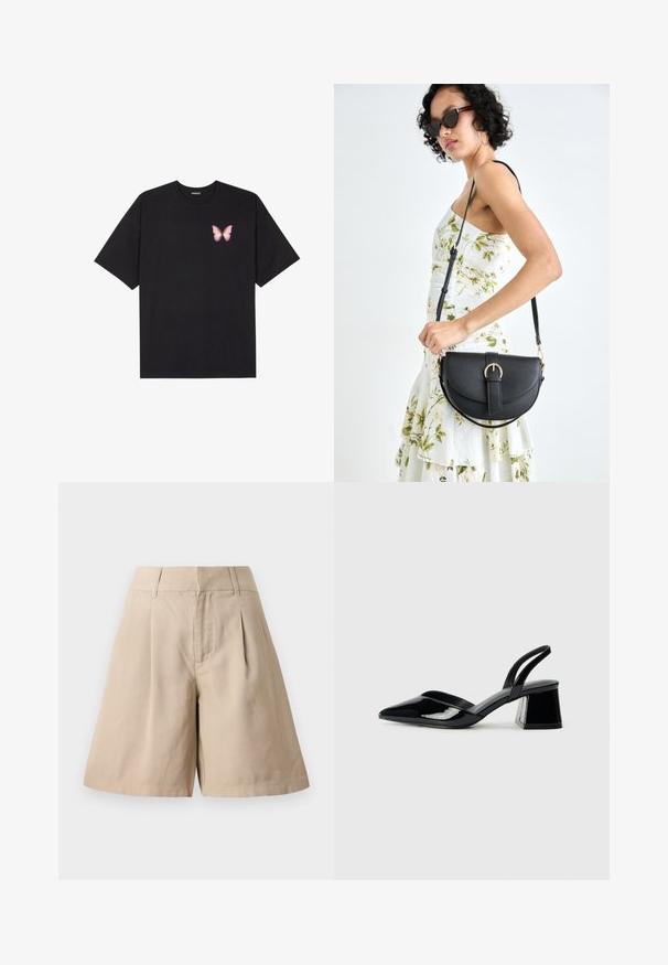 Melna kokvilnas T-krekls ar īsām piedurknēm, kuram priekšā kreisajā pusē ir neliels rozā tauriņa grafiskais attēls. Ar apaļu kaklu un brīvā stila piegriezumu.; Bežīgi kokvilnas šorti ar diegiem, augsta josta un taisna piegriezuma. Gluda tekstūra un pielāgots dizains nodrošina strukturētu izskatu.; Melna lakota āda ar atvērto papēdi, ar smailu purngalu un ģeometrisku blokpapēdi. Iezīmējas elegants, minimāls dizains un gluda tekstūra.; Melnas ādas rokassoma ar izliekta formu, noņemamu siksnu un zelta aksesuāriem. Somai ir vāciņš ar sprādzes detaļu.