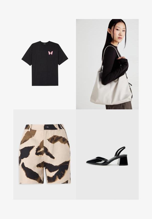 Camiseta de algodón negra de manga corta, con un pequeño gráfico de mariposa rosa en el lado izquierdo del pecho. Diseño de cuello redondo con un corte relajado.; Pantalones cortos beige con estampado abstracto de animales en marrón y negro, con cierre de botón, trabillas para cinturón y un tejido texturizado.; Zapatos de tacón slingback de charol negro con punta afilada y tacón geométrico en bloque. Presentan un diseño elegante y minimalista, así como una textura suave.; Bolso de mano beige hecho de material suave, con un diseño holgado, detalles cosidos y dos asas. Adecuado para uso diario.